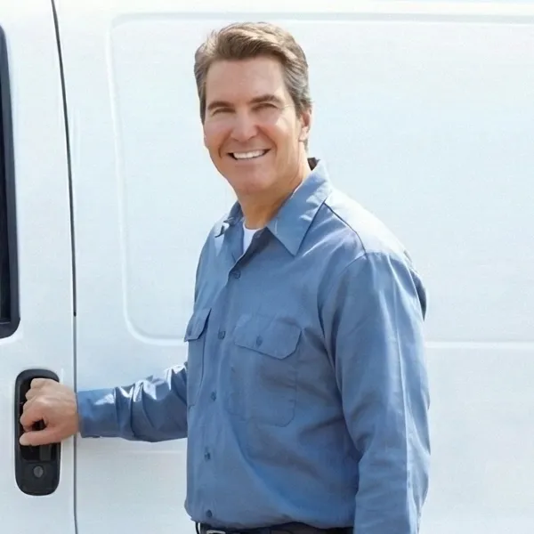 Smiling garage door technician standing beside a white service van